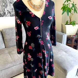 Express Blue and Black Fit and Flare V-neck Dress